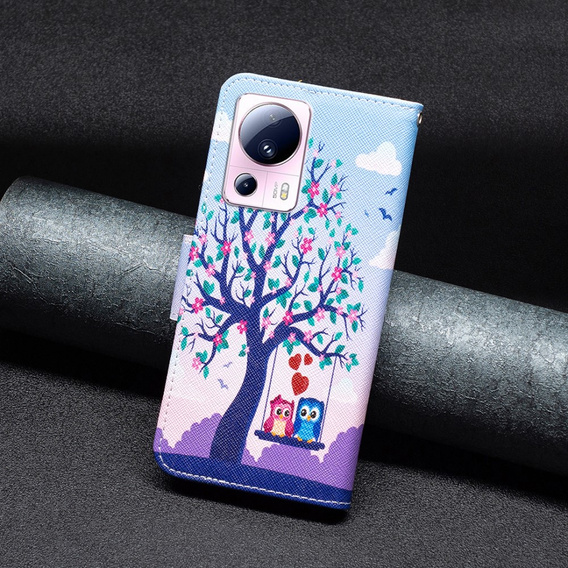 Klapkové puzdro pre Xiaomi 13 Lite, Wallet, tree & owls, modré