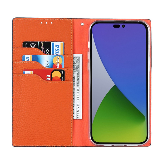 Klapkové puzdro pre iPhone 14 Pro Max, Litchi Skin Grain, tmavomodré