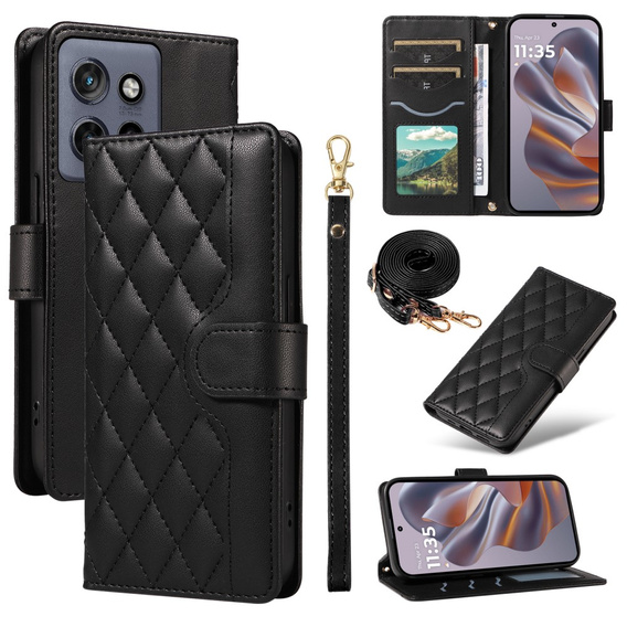 Puzdro s chlopňou pre Motorola Edge 50 Neo / Motorola ThinkPhone 25, Rhombus Crossbody Leather, čierne