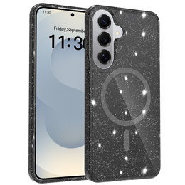 Tvrdené puzdro s leskom, pre MagSafe pre Samsung Galaxy S26 Plus, priehľadné/čierne