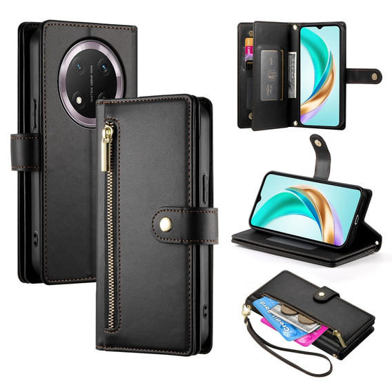 Klapkové puzdro pre Honor Magic 7 Lite, Wallet Zipper Pocket, čierne