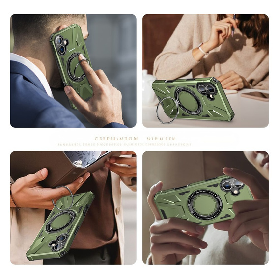 Puzdro pre iPhone 16, pancierované so stojanom a rukoväťou, zelený
