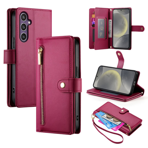 Klapkové puzdro pre Samsung Galaxy S25, Wallet Zipper Pocket, červené