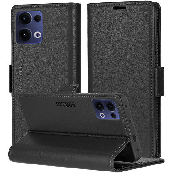Puzdro pre Oppo Reno 13, ERBORD Glossy Litchi, flipová peňaženka, čierne