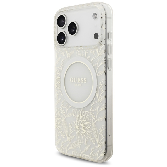 Guess IML Flowers Galvanizované po celom povrchu s remienkom s korálkami, pre MagSafe, s remienkom pre iPhone 17 Pro Max