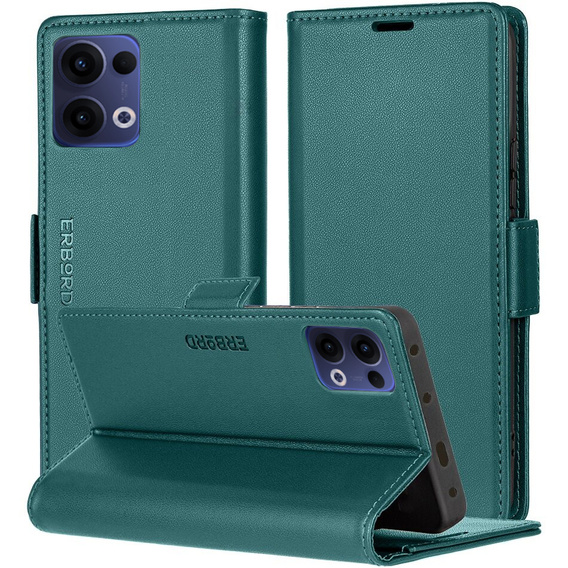 Puzdro pre Oppo Reno 13, ERBORD Glossy Litchi, flipová peňaženka, zelený