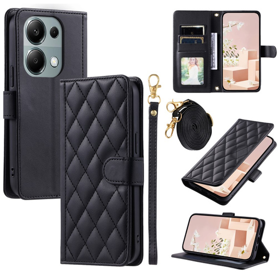 Puzdro s chlopňou pre Xiaomi Redmi Note 13 Pro 4G / Xiaomi Redmi Note 14S / Xiaomi Poco M6 Pro 4G, Rhombus Crossbody Leather, čierne