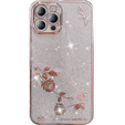 Puzdro pre iPhone 13 Pro, Glitter Flower, ružové rose gold