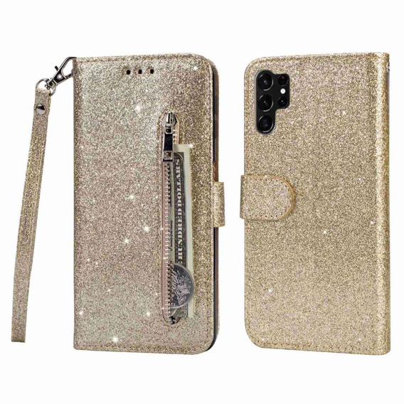 Klapkové puzdro pre Samsung Galaxy S24 Ultra, Wallet Zipper Pocket Glittery, zlaté