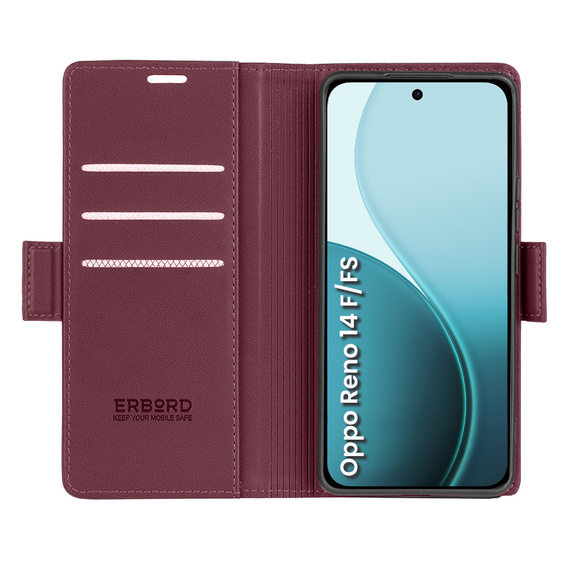 Puzdro pre Oppo Reno 14 F / 14 FS, ERBORD Glossy Litchi, flipová peňaženka, červené