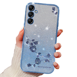 Puzdro pre Samsung Galaxy A15, Glitter Flower, modré + 9H sklo
