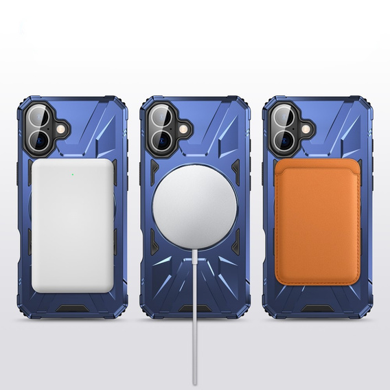 Puzdro pre iPhone 16 Plus, pancierované so stojanom a rukoväťou, modré