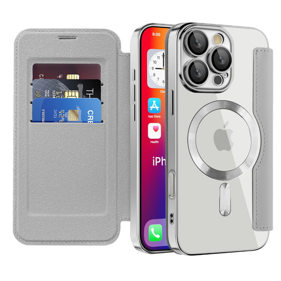 Klapkové puzdro pre iPhone 16 Pro Max, RFID Wallet MagSafe CamShield, strieborné