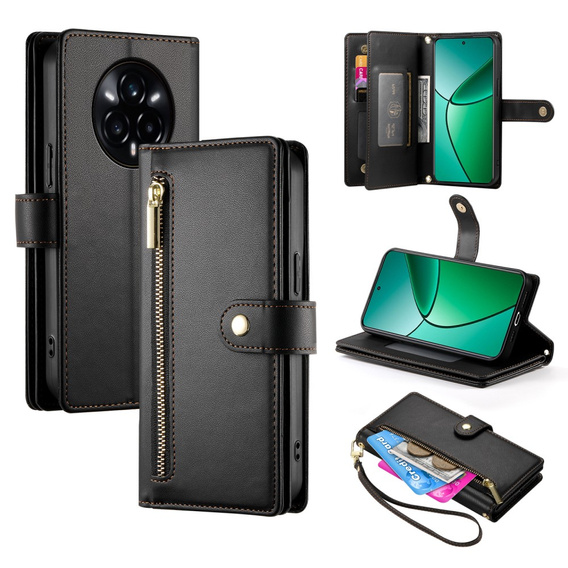 Klapkové puzdro pre Realme 14 Pro 5G, Wallet Zipper Pocket, čierne
