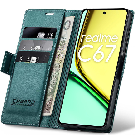Puzdro pre Realme C67 4G, ERBORD Glossy Litchi, flipová peňaženka, zelený
