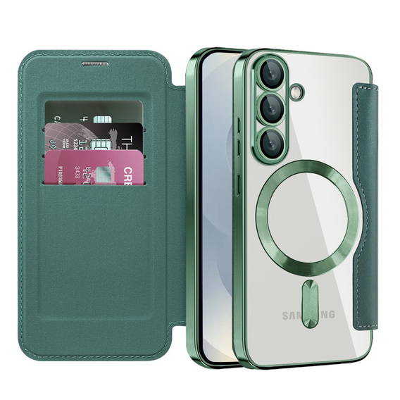 Klapkové puzdro pre Samsung Galaxy S25, RFID Wallet MagSafe CamShield, zelený
