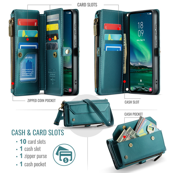 Puzdro CASEME pre Samsung Galaxy S25 FE, RFID Leather Wallet, s popruhom cez rameno, zelený
