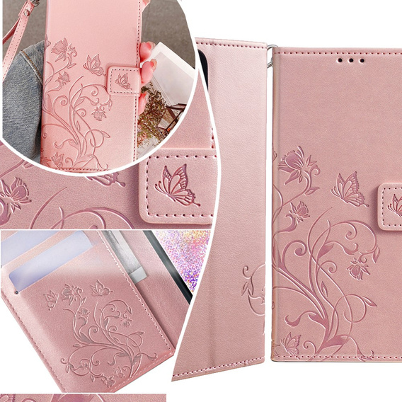 Klapkové puzdro pre Motorola Moto E14, Butterfly, ružové rose gold