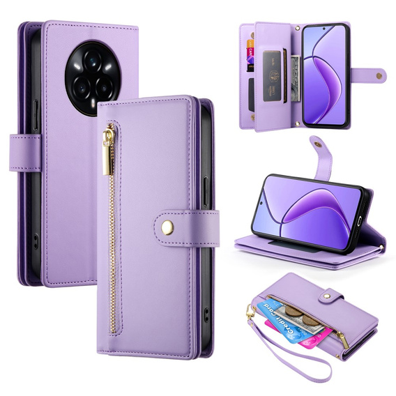 Klapkové puzdro pre Realme 14 Pro+ 5G, Wallet Zipper Pocket, fialové