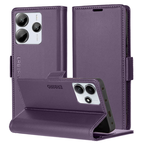 Puzdro pre Xiaomi Redmi Note 14 5G, ERBORD Glossy Litchi, flipová peňaženka, fialové