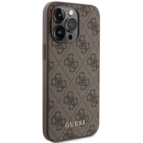 GUESS Obal na mobil pre iPhone 15 Pro Max, 4G Metal Gold Logo, hnedé