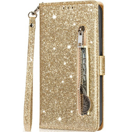 Klapkové puzdro pre Samsung Galaxy A55, Wallet Zipper Pocket Glittery, zlaté
