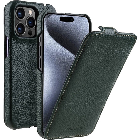 MELKCO flipové puzdro pre iPhone 15 Pro Max, kožené, flipové, tmavozelené