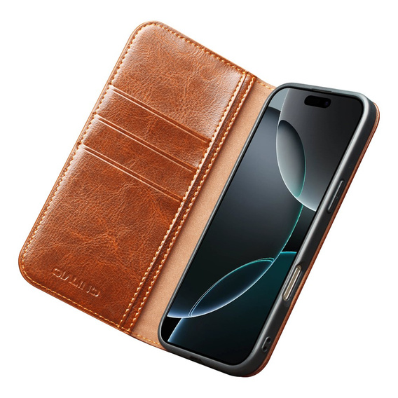 QIALINO Flipové puzdro z pravej hovädzej kože pre iPhone 17 Pro Max, hnedé