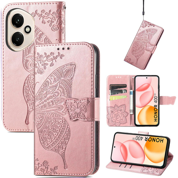 Klapkové puzdro pre Honor 400 5G, Butterfly, ružové rose gold