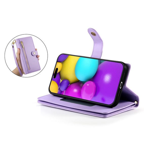 Klapkové puzdro pre iPhone 16, Wallet Zipper Pocket, fialové