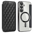 Klapkové puzdro pre Samsung Galaxy S25, RFID Rhombus Wallet MagSafe CamShield, čierne