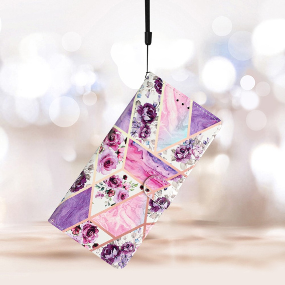 Klapkové puzdro pre Samsung Galaxy A25 5G, Wallet, marble & flowers, ružové + 9H sklo