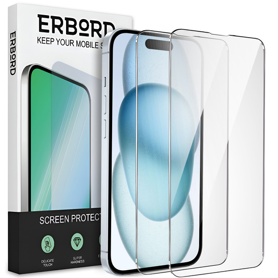 2x tvrdené sklo pre iPhone 15 Plus, ERBORD 9H Hard Glass na displeji