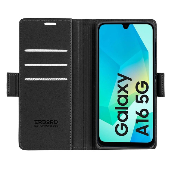 Puzdro pre Samsung Galaxy A16, ERBORD Glossy Litchi, flipová peňaženka, čierne
