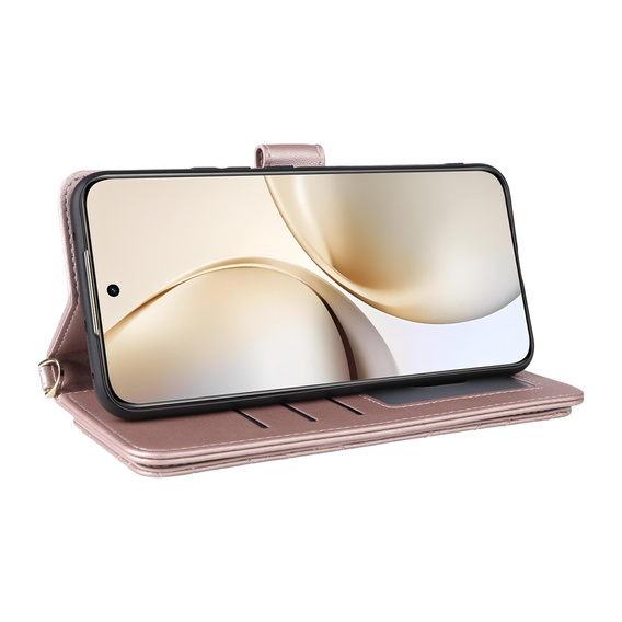 Puzdro s chlopňou pre Realme 14 Pro+ 5G, Crossbody Leather Wallet, ružové rose gold