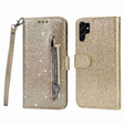 Klapkové puzdro pre Samsung Galaxy S24 Ultra, Wallet Zipper Pocket Glittery, zlaté