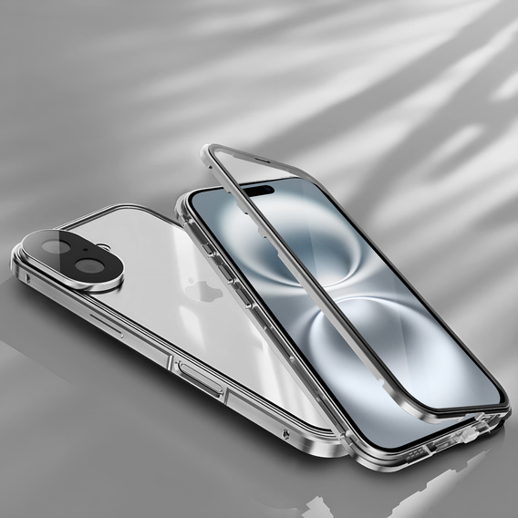 Puzdro pre iPhone 16, Magnetic Dual Glass, strieborné