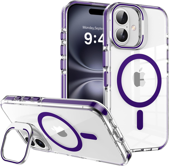Puzdro pre iPhone 17, pre MagSafe, so stojanom, priehľadné s fialovými vložkami