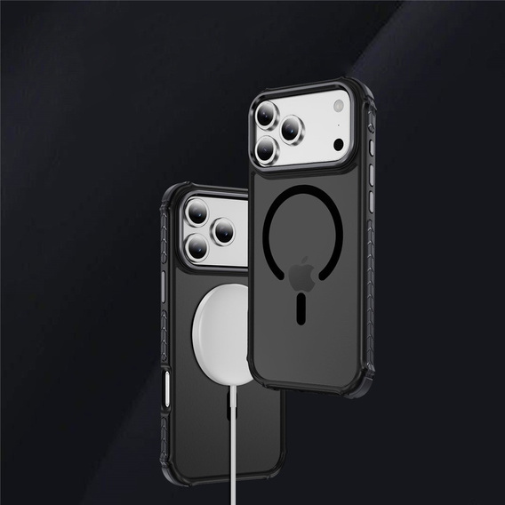 Matné puzdro pre iPhone 17 Pro, pancierované, pre MagSafe, dymové s čiernymi stranami