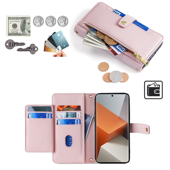 Klapkové puzdro pre Xiaomi Redmi Note 13 Pro+, Wallet Zipper Pocket, ružové