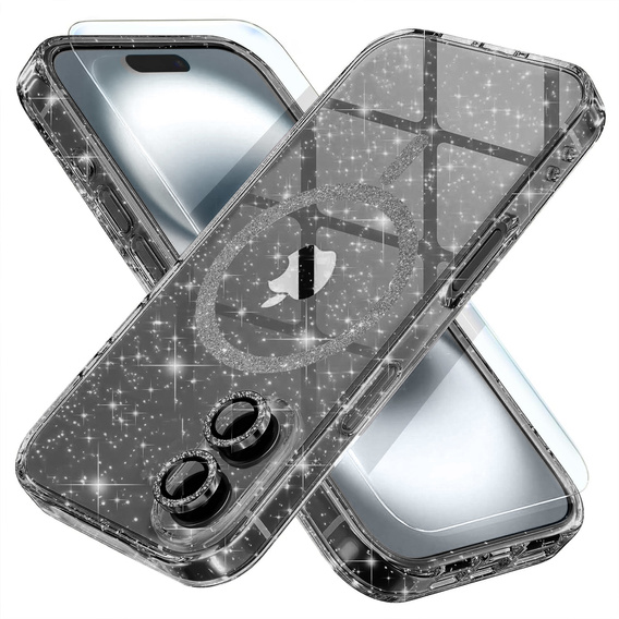 Puzdro pre iPhone 16, ERBORD Glitter MagSafe, čierne + sklo na displej