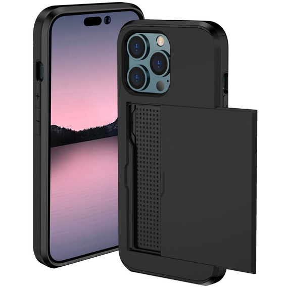 Obal na mobil pre iPhone 15 Pro, Sliding Card Holder, čierne