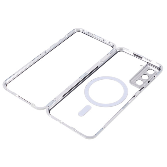 Magnetické puzdro Dual Glass MagSafe pre Samsung Galaxy S21+ Plus, strieborné