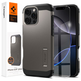 Puzdro Spigen pre iPhone 16 Pro Max, Tough Armor Mag MagSafe, sivé + tvrdené sklo 9H