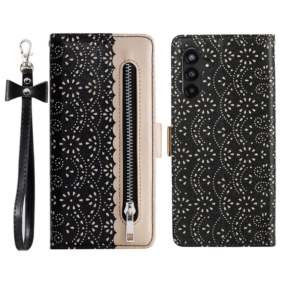 Klapkové puzdro pre Samsung Galaxy A25 5G, Wallet Pocket Zipper Lace, čierne