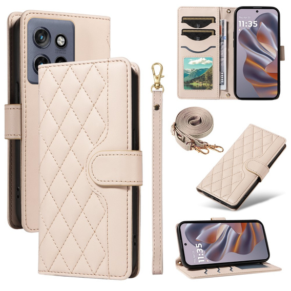 Puzdro s chlopňou pre Motorola Edge 50 Neo / Motorola ThinkPhone 25, Rhombus Crossbody Leather, béžové