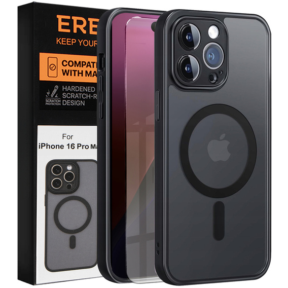 Puzdro pre iPhone 16 Pro Max, pre MagSafe, ERBORD Matt Case, čierny + sklo na displej