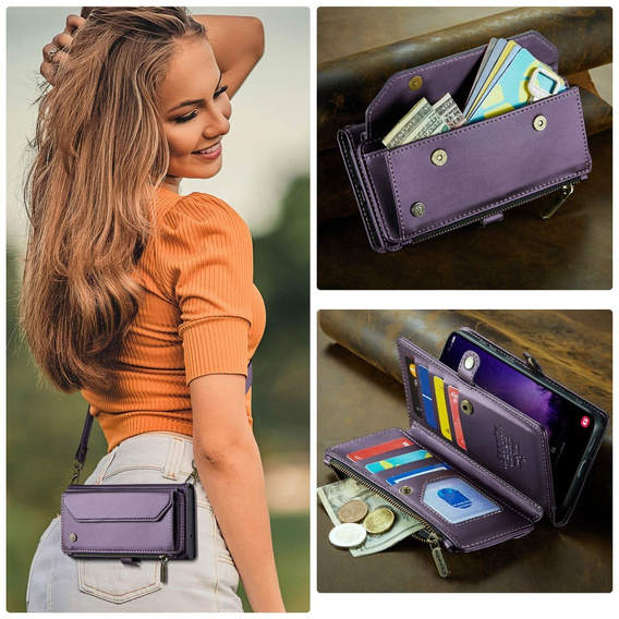 Puzdro CASEME pre Samsung Galaxy S24 FE, RFID Leather Wallet, s popruhom cez rameno, fialové