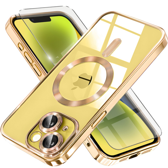 Puzdro pre iPhone 14 Plus, Electro MagSafe, zlaté + sklo na displej