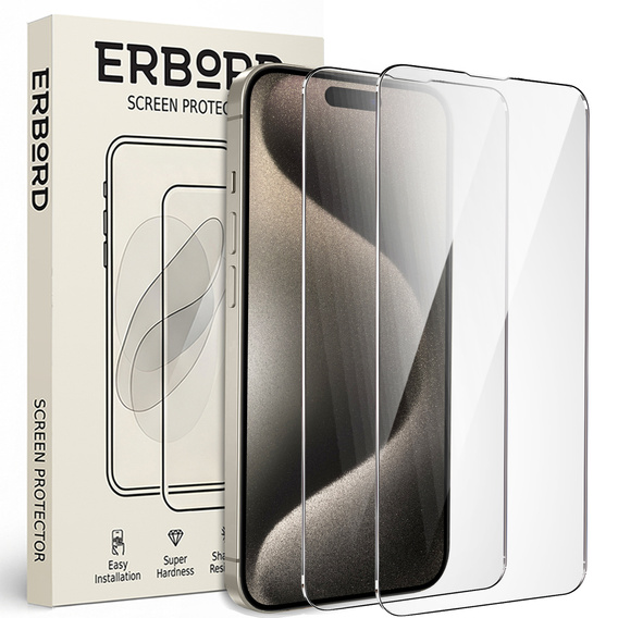 2x tvrdené sklo pre iPhone 15 Pro, ERBORD 9H Hard Glass na displeji